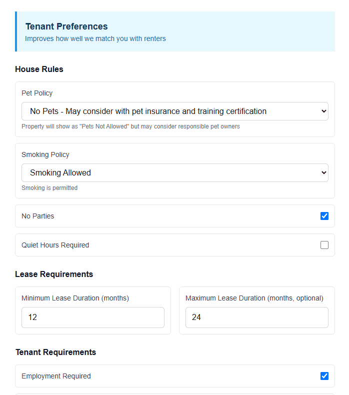 Setting tenant preferences and house rules