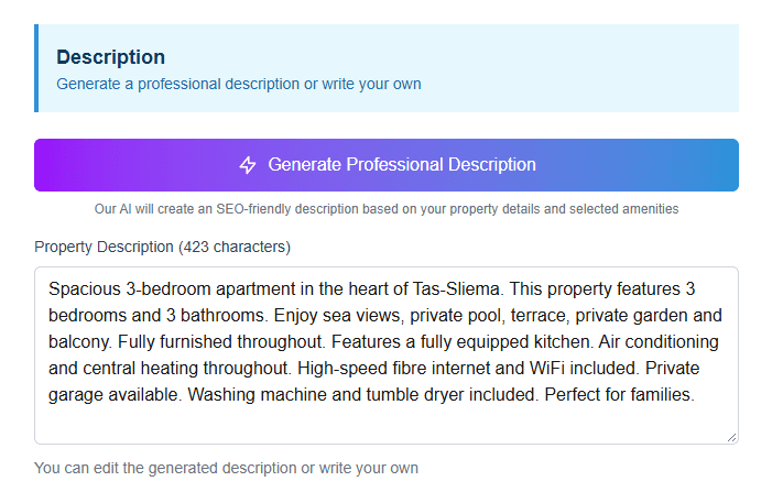 A generated listing description, ready to edit