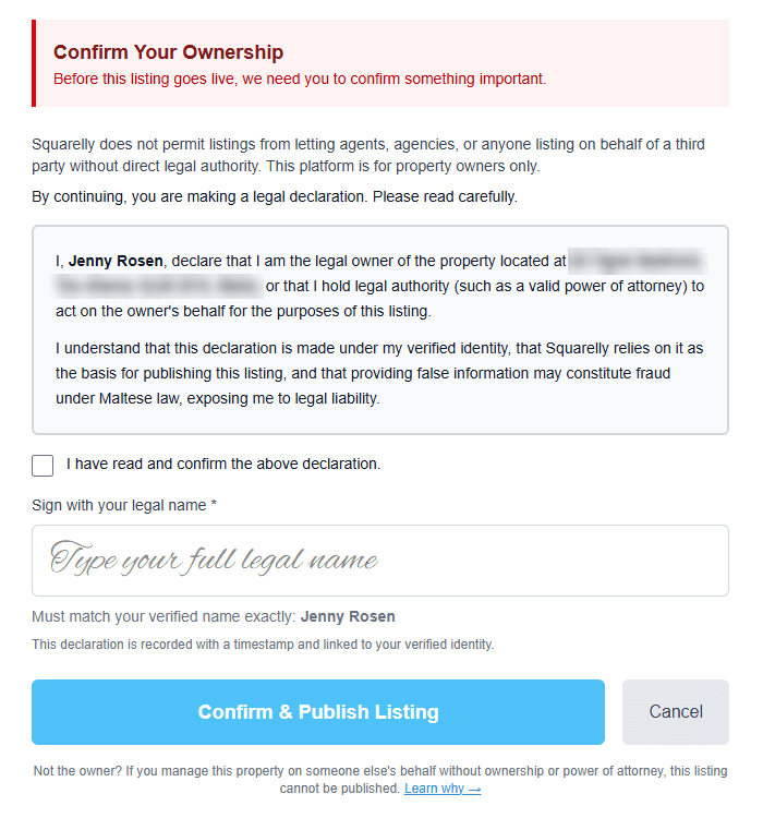 The ownership declaration, signed with the verified legal name
