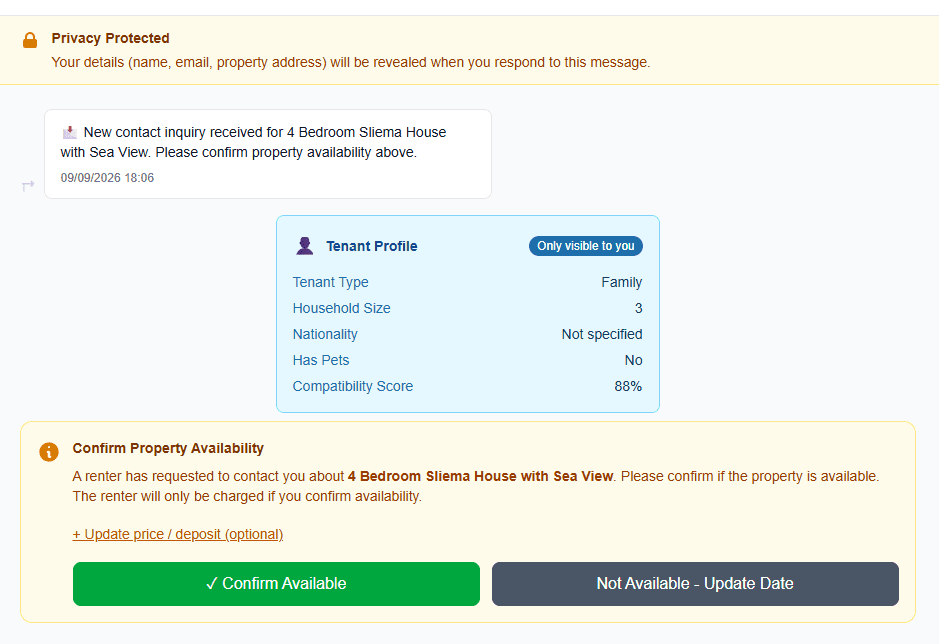 A new contact request, with the renter’s profile and the option to confirm availability