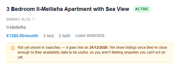 A listing marked "Not yet shown in searches — it goes live on 24/12/2026"